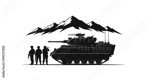 Military Tank and Soldiers Silhouette Against Mountain Landscape
