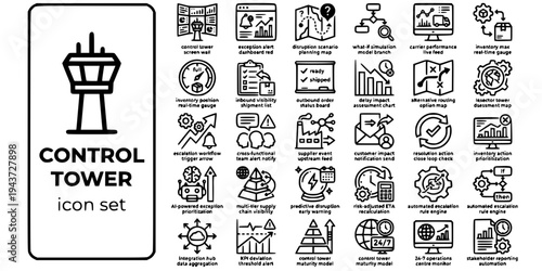 Control Tower Visibility Platform Bold Line Icons-Exception Alert Disruption Simulation Predictive AI Multi-Tier Escalation KPI Stakeholder-25 Control Tower Icon Set Vector