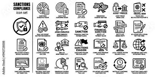 Sanctions Trade Restrictions Compliance Bold Line Icons-OFAC SDN Embargo Asset Freeze Dual-Use Arms UN EU Sectoral Secondary Screening-25 Sanctions Compliance Icon Set Vector