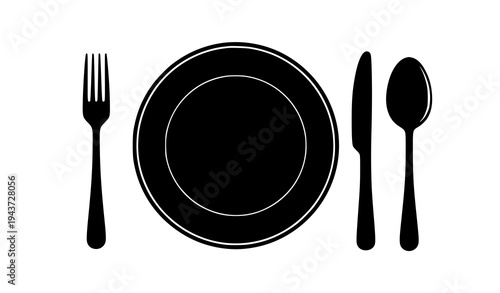 A minimalist vector graphic of a plate with utensils, perfect for restaurant or dining illustrations