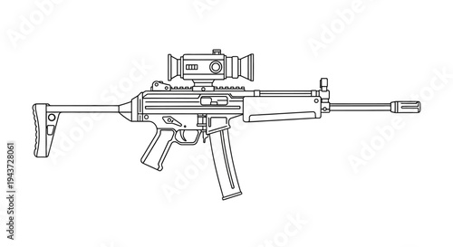 Modern Assault Rifle with Optical Sight, Tactical Weapon Line Art Illustration