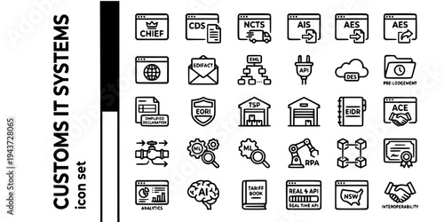Customs IT Systems Data Bold Line Icons-CHIEF CDS NCTS ACE AIS AES EORI EIDR Single Window EDI EDIFACT API Blockchain RPA AI-25 Customs IT Icon Set Vector