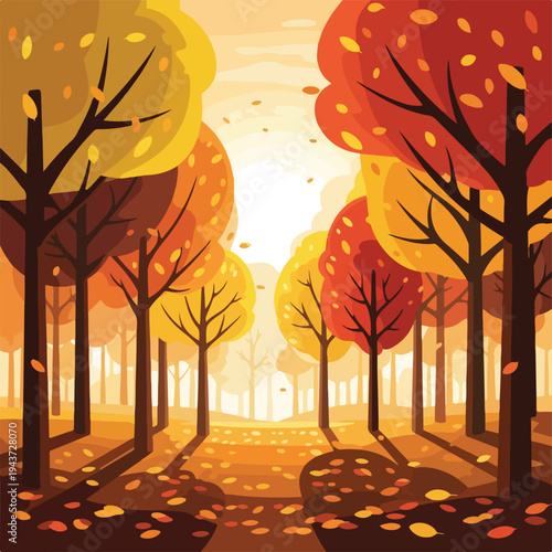 Stylized autumn forest scene with trees in warm yellow, orange, and red hues