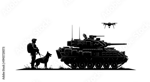 Modern Military Technology: Soldier, Dog, Tank, and Drone Silhouette