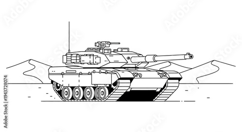 Modern Battle Tank in Desert Landscape, Military Vehicle Illustration