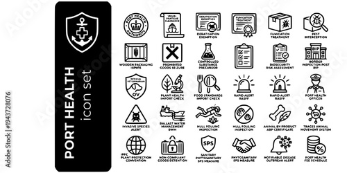 Port Health Biosecurity Bold Line Icons-Pratique ISPM15 BIP RASFF Fumigation Ballast Water BWM TRACES SPS Invasive Species ABP-25 Port Health Icon Set Vector