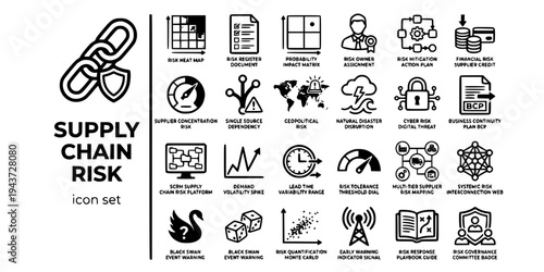 Supply Chain Risk Management Bold Line Icons-Risk Heatmap Register BCP Geopolitical Cyber SCRM Multi-Tier Black Swan Monte Carlo-25 Supply Chain Risk Icon Set Vector