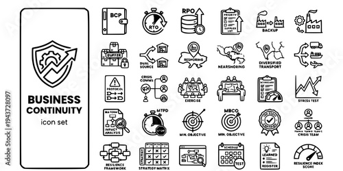 Business Continuity Resilience Planning Bold Line Icons-RTO RPO BCP BIA MTPD MBCO ISO22301 Dual Sourcing Reshoring Stress Test-25 Business Continuity Icon Set Vector