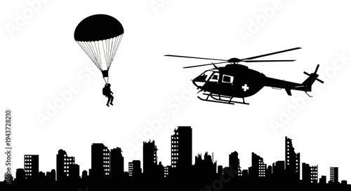 Paratrooper Descends Over Damaged Cityscape Near Medical Helicopter