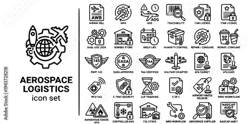 Aerospace Defense Logistics Bold Line Icons-MRO AOG ITAR EASA FAA ATA Carnet LLP NADCAP Part145 Serialization Airworthiness FSL-25 Aerospace Logistics Icon Set Vector