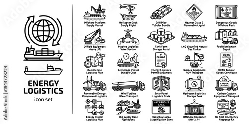 Energy Oil Gas Logistics Bold Line Icons-Offshore Vessel OCTG LNG ROV Pipeline Tank Farm Demurrage Hydrogen Wind Turbine Solar-25 Energy Logistics Icon Set Vector