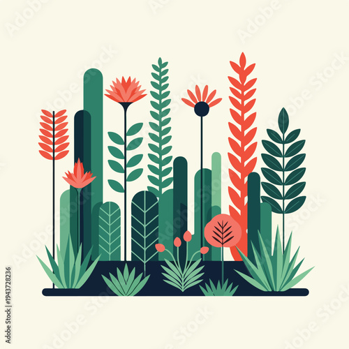 Stylized illustration of flowers and plants in shades of green and red
