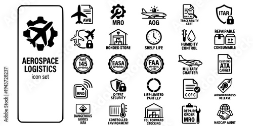 Aerospace Defense Logistics Bold Line Icons-MRO AOG ITAR EASA FAA ATA Carnet LLP NADCAP Part145 Serialization Airworthiness FSL-25 Aerospace Logistics Icon Set Vector