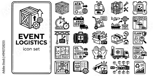 Event Exhibition Logistics Bold Line Icons-ATA Carnet Drayage Move-In Rigging Artwork Climate Controlled Customs Re-Import VIP Priority-25 Event Logistics Icon Set Vector