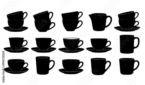 A set of black silhouettes of coffee cups and saucers on a white background