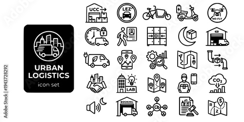 Urban Logistics City Distribution Bold Line Icons-UCC LEZ Cargo Bike Dark Store Micro-Hub Crowd-Source Underground Pipeline Congestion-25 Urban Logistics Icon Set Vector