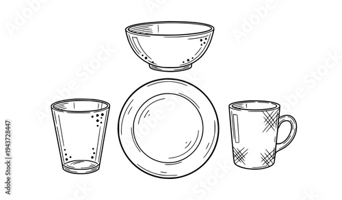 A minimalist line art illustration of a set of tableware including a bowl, plate, mug, and glass.