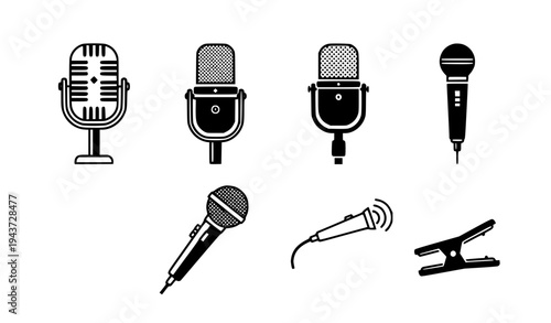A set of black and white vector illustrations of various microphones and a microphone clip on a plain white background