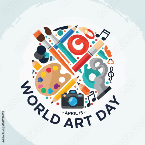 World Art Day with diverse art supplies and a camera illustration