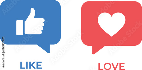 Social media like and love reaction icons thumbs up and heart symbols engagement buttons flat communication vector illustration