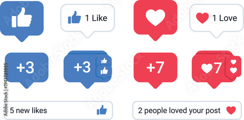 Social media like and love notification icons with engagement counters reaction bubbles modern UI interface vector illustration set
