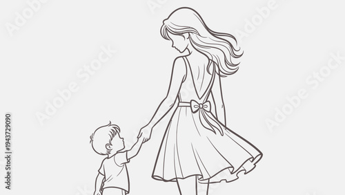 A tender sketch captures a heartwarming moment of a mother and child walking hand-in-hand, symbolizing love and connection