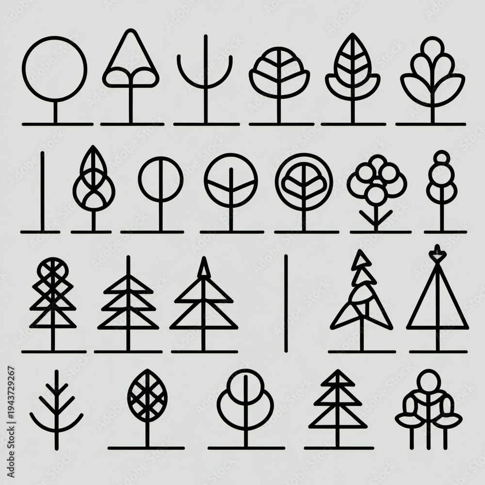 Fototapeta premium Collection of simple line art tree icons and illustrations