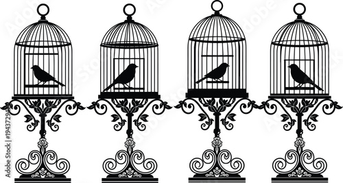 Vintage birdcage silhouette set featuring decorative ornate stands and songbirds inside wire cages for classical interior design home decor and antique vector illustrations.