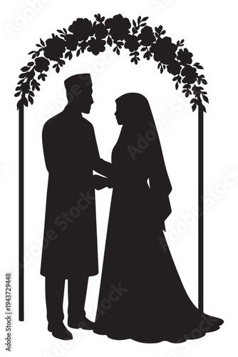 Couple standing under a flower archway exchanging vows in a traditional ceremony