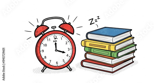 Alarm Clock and Stack of Books for Sleep Study.