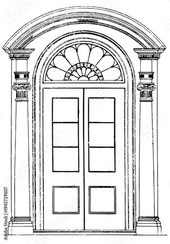 “Simple architectural archway icon collection in black outline style, gothic arch entrance, islamic style arch and classical round arch with pillars.”