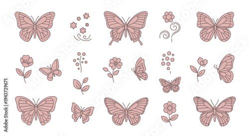 Delicate hand drawn butterflies and flowers in soft pink elegant artistic line art designs