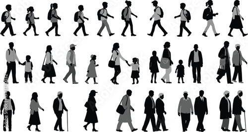 Collection of walking people silhouettes including men women and children with bags backpacks and casual outfits isolated pedestrian side view vector set