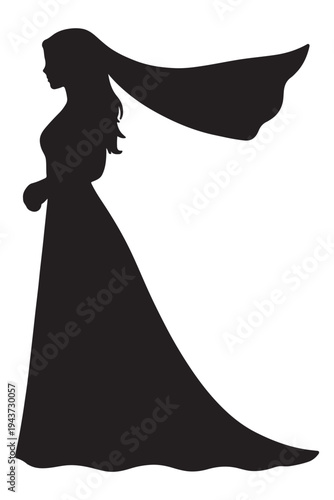 Elegant silhouette of a woman in a flowing gown with a long veil