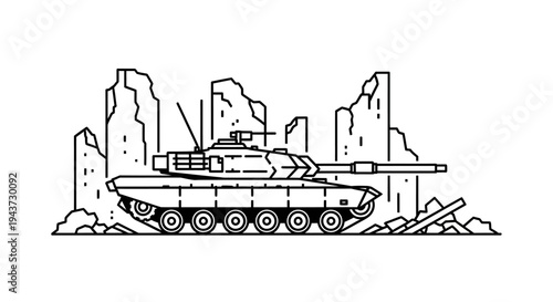 Modern Tank in Ruined Cityscape - War Destruction and Military Power