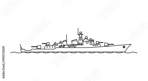 Outline Drawing of a Modern Warship Sailing on the Sea