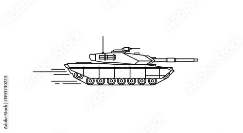 Outline of a modern battle tank in motion, military vehicle, army equipment, war machine