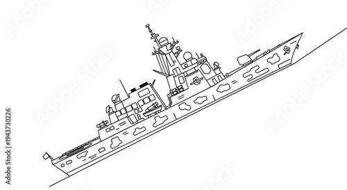 Outline of a modern warship with camouflage pattern, illustration