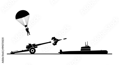 Paratrooper Jumps Near Artillery and Submarine in Silhouette