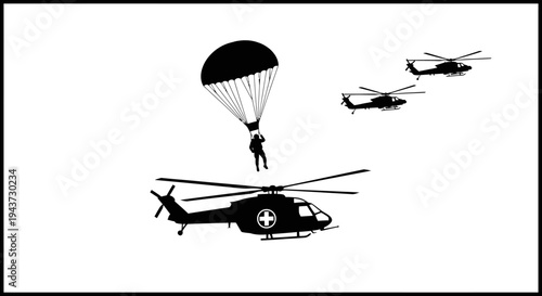 Paratrooper Jumps from Helicopter with Medical Symbol, Escorted by Military Aircraft