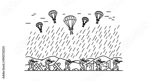 Paratroopers descend in rain onto battlefield with soldiers advancing behind barricades