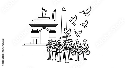 Patriotic Parade with Band, Monument, and Doves of Peace