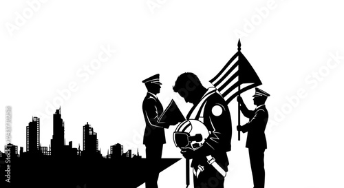 Patriotic Ceremony: Soldier Honored Before City Skyline with American Flag