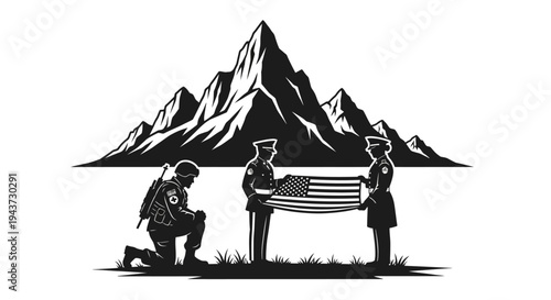 Patriotic Soldiers Honoring American Flag with Mountain Background