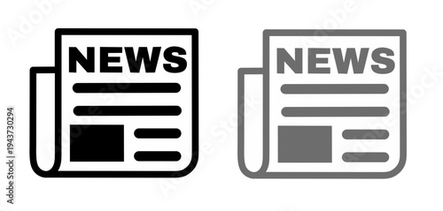 Newspaper icon set featuring black and grey outline designs for media journalism press information publishing and digital communication symbols