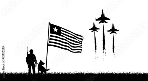 Patriotic Soldier and Dog with American Flag and Fighter Jets Flyover