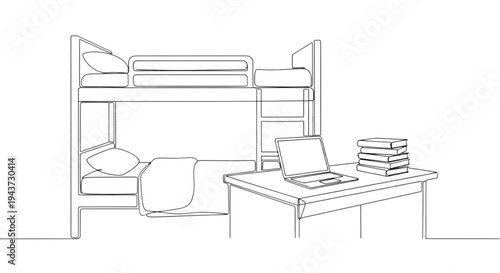 Bunk bed and desk with laptop and stacked books in minimal style  