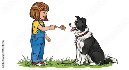 Young girl feeding her dog in a grassy outdoor setting  