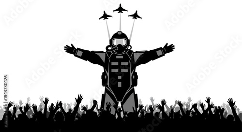 Pilot Hero with Fighter Jets Above Cheering Crowd, Silhouette of Celebration