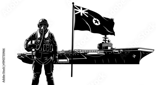 Pilot Standing Next to Aircraft Carrier with Flag
